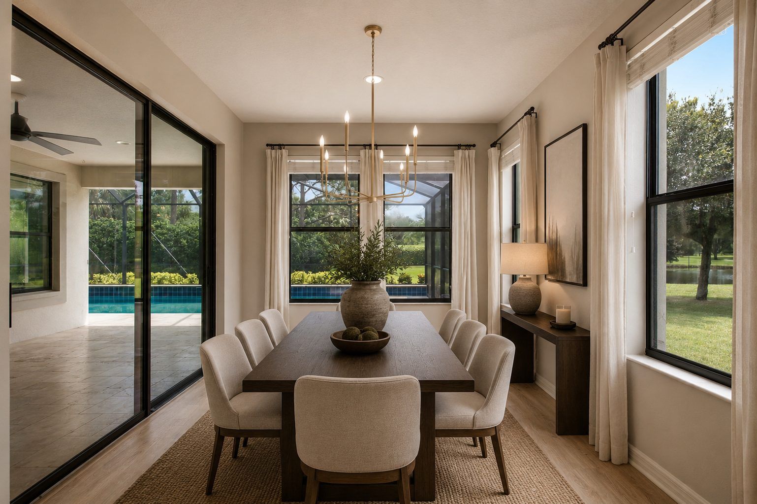 Sala de jantar com vista para a piscina