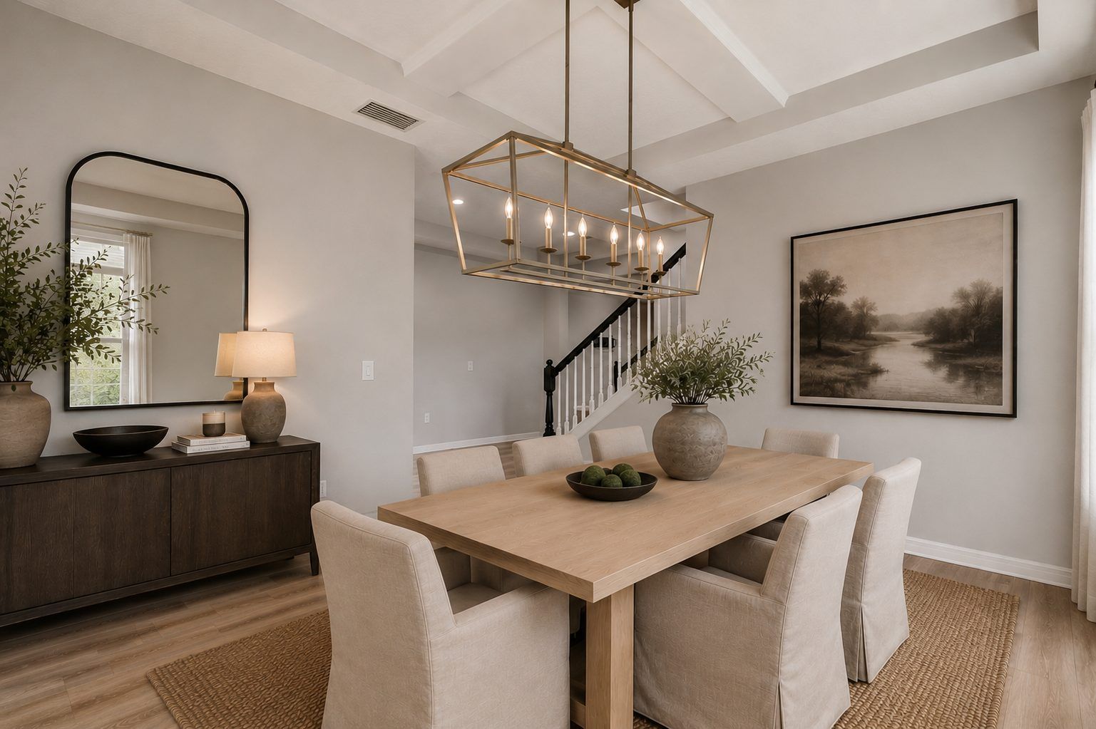 Dining room with a gold chandelier and wood table